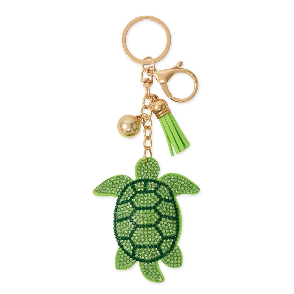 New Green Crystal Turtle Bag Charm with gold tone hardware key fob